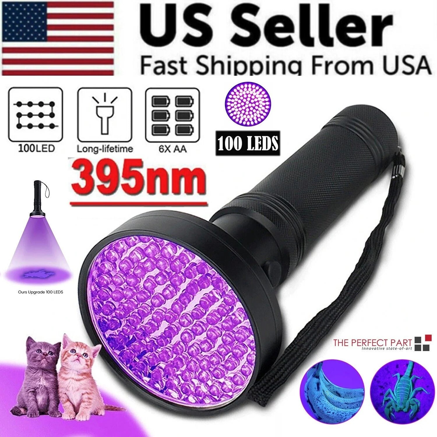 UV Ultraviolet Light 100 LED Flashlight Blacklight 395Nm Inspection Lamp Torch