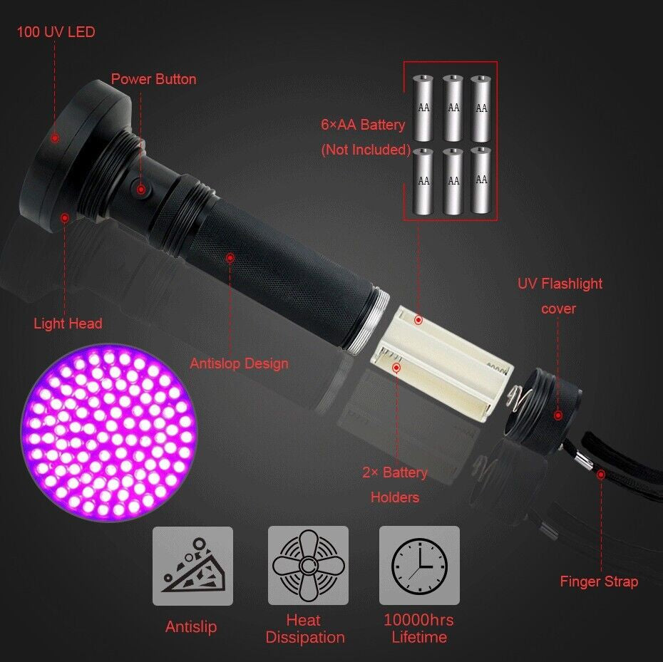 UV Ultraviolet Light 100 LED Flashlight Blacklight 395Nm Inspection Lamp Torch