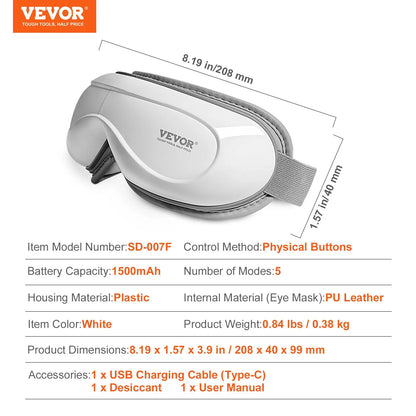 VEVOR Heated Eye Massager Eye Care Device 5 Modes Bluetooth Music 180¡Ã Foldable