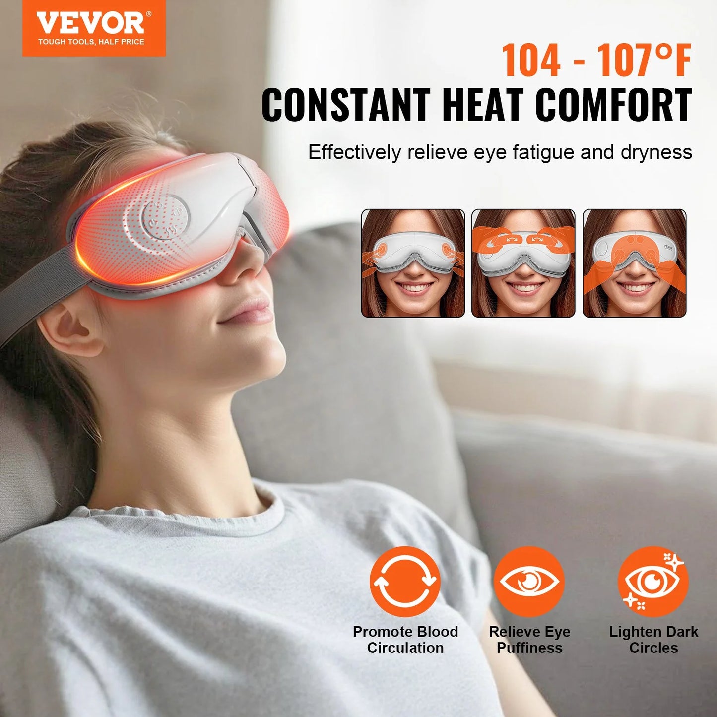 VEVOR Heated Eye Massager Eye Care Device 5 Modes Bluetooth Music 180¡Ã Foldable